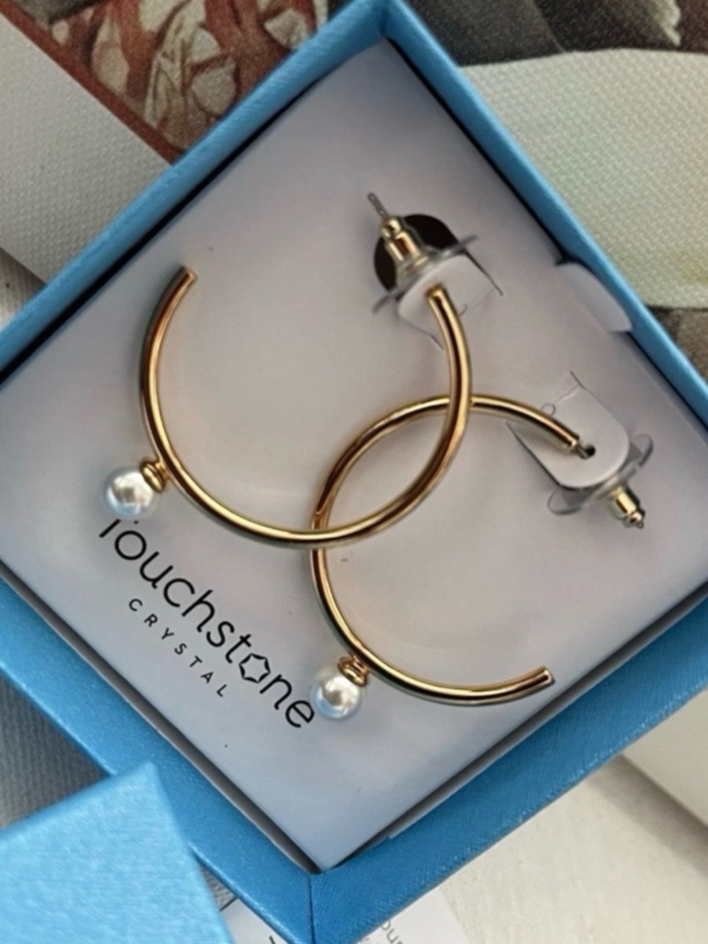 Touchstone Crystal Gold Hoop Earrings with White Pearl Accent